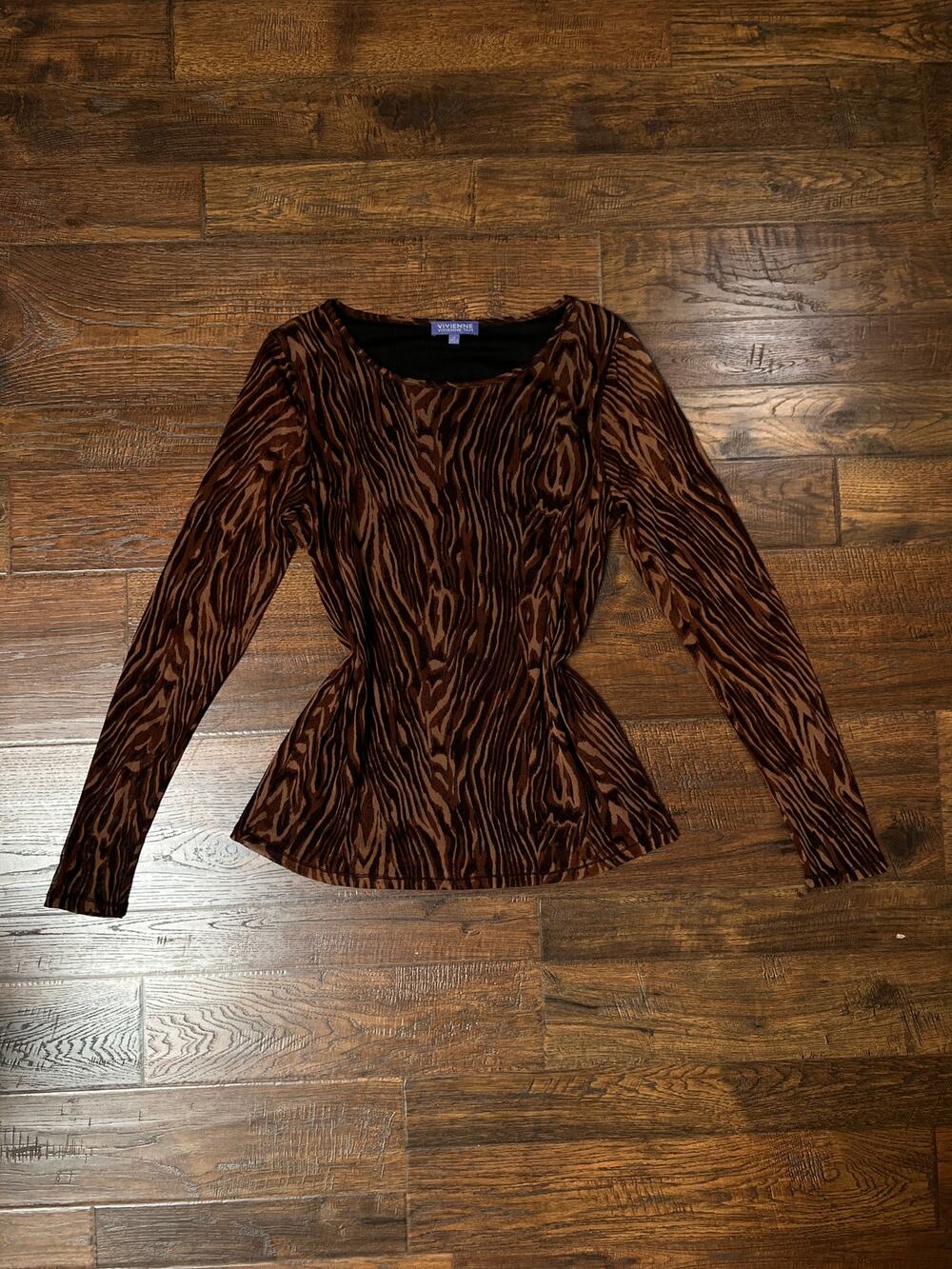 Vintage Vivienne Tam Mesh Long Sleeve Top Brown Tiger Stripe Layered - X-Large